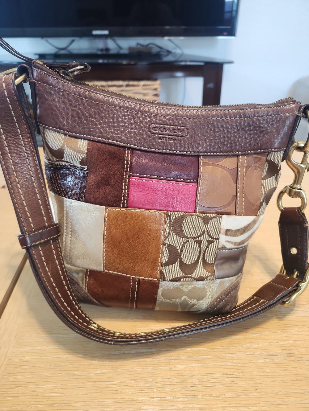 Coach Patchwork Crossbody Bag in Brown with Pink Accent